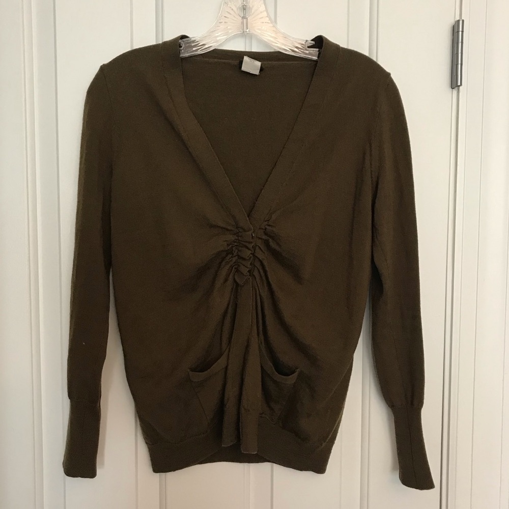 J. Crew Deep Olive. Merino wool ruched pocket cardigan, sz small
